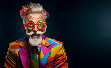 Portrait of cheerful elderly gray-haired bearded grandfather in funny sunglasses and bright extravagant clothes on plain black background. Retired hipster, seniors party, carnival. Cool senior man