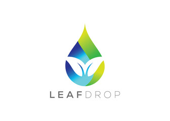 Water drop and Green leaf logo design vector template. Natural water drop vector logo. Fresh water drop logo.