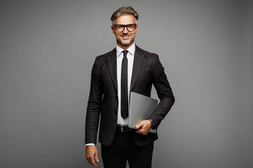 Adult successful employee IT business man corporate lawyer he wear classic formal black suit shirt...