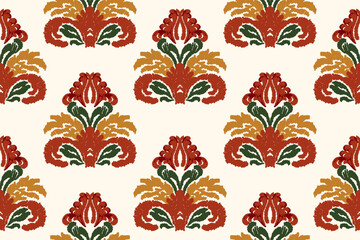 Ikat floral paisley embroidery on white background. Traditional ethnic ikat, aztec abstract vector pattern, seamless pattern in tribal, folk embroidery and mexican style.
