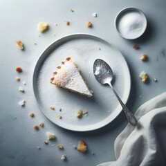 White plate with sweet cake and spoon, with some white sugar left on plate top view