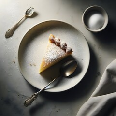 White plate with sweet cake and spoon, with some white sugar left on plate top view