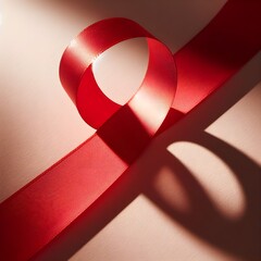 A spool with a red silk ribbon on a pink isolated background