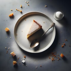 White plate with sweet cake and spoon, with some white sugar left on plate top view