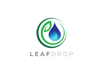 Water drop and Green leaf logo design vector template. Natural water drop vector logo. Fresh water drop logo.