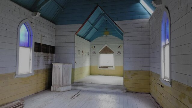 Interior of historic abandoned church Matakohe, Northland, New Zealand.