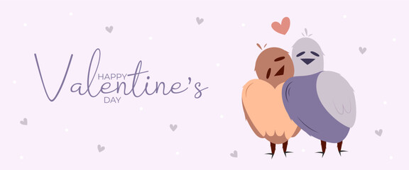 Single hand draw banner with two bird and hearts for Valentine's day. Happy Valentine's day and button read more. Peach fuzz, red, purple brow and pink colors.Cartoon style. Web vector illustration