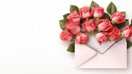 Bunch of roses with an envelope on isolated white background