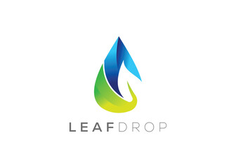 Water drop and Green leaf logo design vector template. Natural water drop vector logo. Fresh water drop logo.