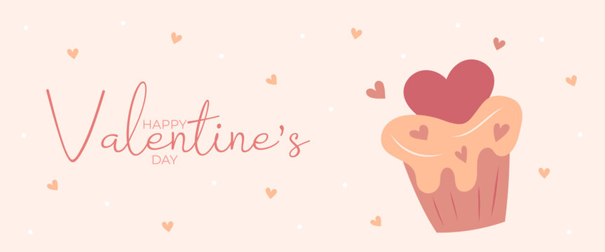 Single Hand draw banner with cupcake and hearts for Valentine's day. Happy Valentine's day. Peach fuzz, red, brow and pink colors.Cartoon style. Web vector illustration