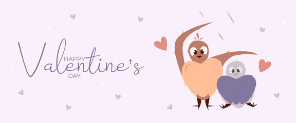 Hand draw banner with two bird under rain,dots and hearts for Valentine's day. Happy Valentine's day. Peach fuzz, red, purple brow and pink colors.Cartoon style. Web design vector illustration