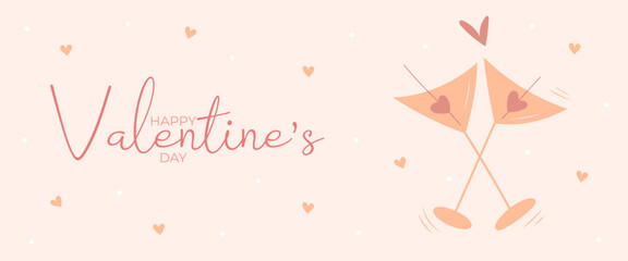Single hand draw banner with two glasses of martini, hearts for Valentine's day. Happy Valentine's day and button read more. Peach fuzz, red, brow and pink colors.Cartoon style.Vector illustration