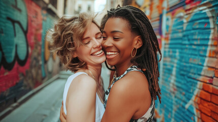Lesbian couple hugging and bonding at the street, gay couple have fun at street in city in summer. - Powered by Adobe
