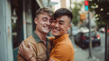 Gay couple have fun at street in city in summer, gay couple hugging and bonding at the street.