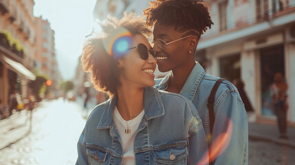 Lesbian couple hugging and bonding at the street, gay couple have fun at street in city in summer.