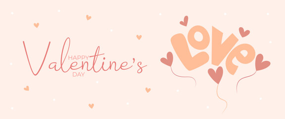 Single hand draw banner with balloon hearts and word love for Valentine's day. Happy Valentine's day and button read more. Peach fuzz, red, brow and pink colors.Cartoon style. Vector illustration