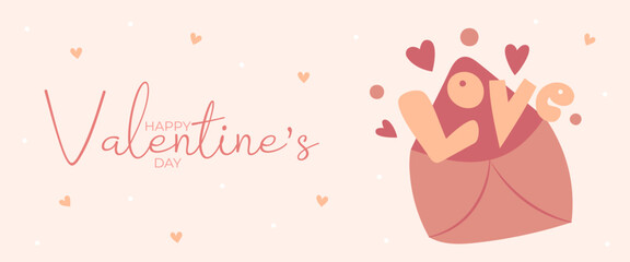 Hand draw banner with envelope hearts and word love for Valentine's day. Happy Valentine's day and button read more. Peach fuzz, red, brow and pink colors.Cartoon style. Vector illustration