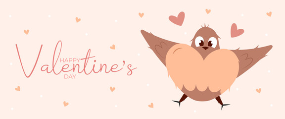 Single hand draw banner with flying bird and hearts for Valentine's day. Happy Valentine's day and button read more. Peach fuzz, red, brow and pink colors.Cartoon style. Web vector illustration
