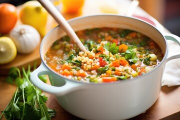 minestrone soup in a pot with ladle, vegetables visible - Powered by Adobe