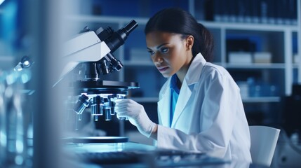 A beautiful black female scientist wearing a white lab coat studies samples of microorganisms under a microscope in modern medical laboratory. Healthcare, microbiology, biotechnology, biology concepts