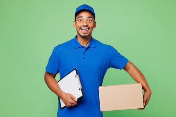 Professional cool delivery guy employee man wear blue cap t-shirt uniform workwear work as dealer...