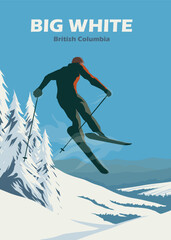 ski jumping at big white vintage poster illustration design, mountain skiing background design - obrazy, fototapety, plakaty