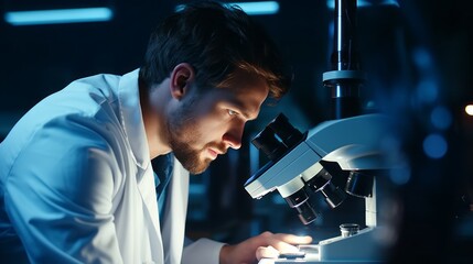 A handsome male doctor scientist wearing a white coat and glasses looks under a microscope, analyzes samples in a modern medical laboratory. Healthcare, microbiology, biotechnology, biology concepts.
