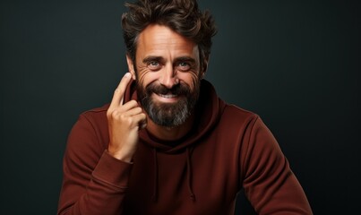 Fototapeta premium The bearded man, smiling beautifully, directs attention by pointing his finger upwards as if drawing a conclusion, summarizing