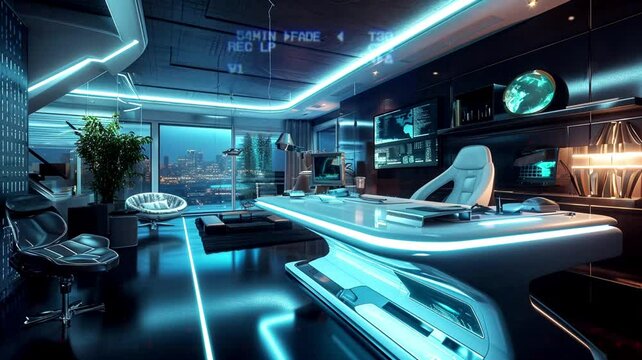 Futuristic Home Office With A Floating Desk And Holographic Displays, Loop Video Background Animation, Cartoon Anime Style, For Vtuber / Streamer Backdrop