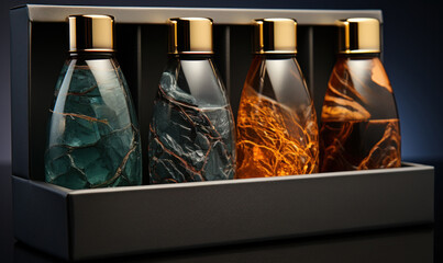 Designing the presentation of men's cologne packaging requires the integration of stone, lighting effects, crystal textures, mocap, and a template for a captivating effect