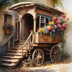 Vintage watercolor painting of wagon with flowers ai generated