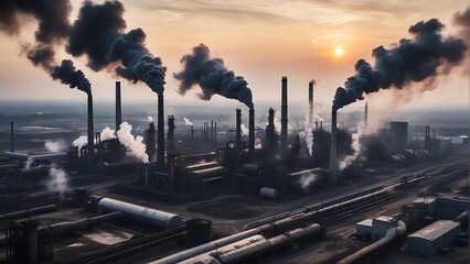 Dark smoke coming from industrial factories at sunset from Generative AI - Powered by Adobe