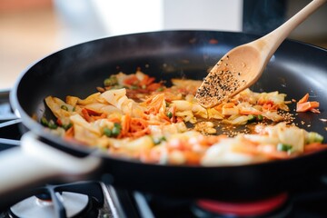 cooking batter pour on a skillet with kimchi pieces - obrazy, fototapety, plakaty