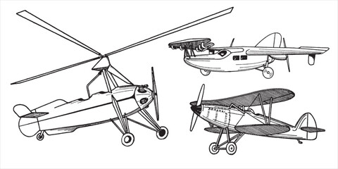 Engraved Airplane. Air Transportation in Vintage Style. Hand Drawn Engraving Passenger Biplane, Corncob, Plane Aviation. Travel Illustration. Engraved in Old Sketch Style, Retro transport.