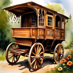 Fototapeta premium Vintage watercolor painting of wagon with flowers ai generated