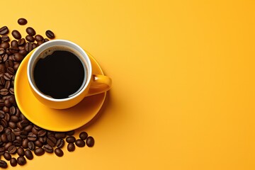 Orange cup of delicious black coffee on bright yellow background. Minimal trendy concept. Flat lay, top view with copy space - obrazy, fototapety, plakaty