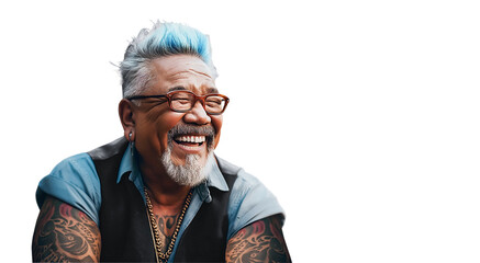 Muscular Afro Asian senior with tattoos and blue hair. He laughs with joy. Isolated.