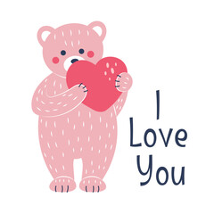 Pink teddy bear and heart. Postcard for Valentine's Day. Flat style.