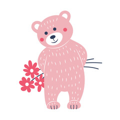 Pink teddy bear with flowers. Postcard for Valentine's Day. Flat style.
