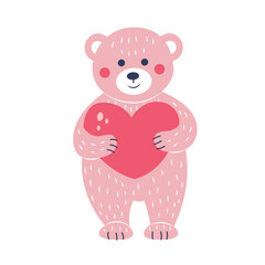 Pink teddy bear and heart. Postcard for Valentine's Day. Flat style.