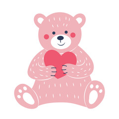 Pink teddy bear and heart. Postcard for Valentine's Day. Flat style.
