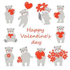 Set of teddy bears with flowers and hearts. . Cute characters for Valentine's day.
