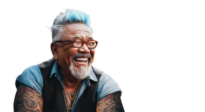 Muscular Afro Asian senior with tattoos and blue hair. He laughs with joy. Isolated.