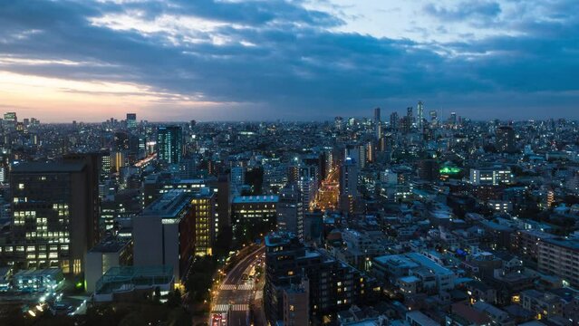 Timelapse footage of Tokyo cityscape at night from above, Japan