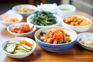 Fotobehang korean banchan side dishes assortment with kimchi as centerpiece © primopiano