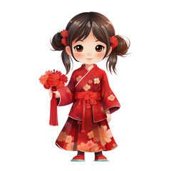 Cute Chinese Girl in Chinese Dress. Chinese New Year. Watercolor Illustration Clipart.