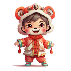 Cute Chinese Boy wearing a lion dance hat. Chinese New Year. Watercolor Illustration Clipart.