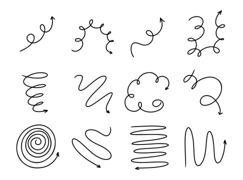Doodle spring and spiral arrows set, hand drawn coil icons. Vector flexible lines for your design