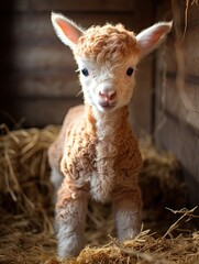 Fototapeta premium Charming Baby Alpaca and Other Adorable Farm Animals Amidst Serene Nature Scenes on Idyllic Farms