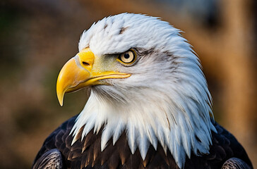 Obraz premium a bald eagle with a yellow beak and white head and yellow eyes is looking at the camera with a blurry background, generative ai